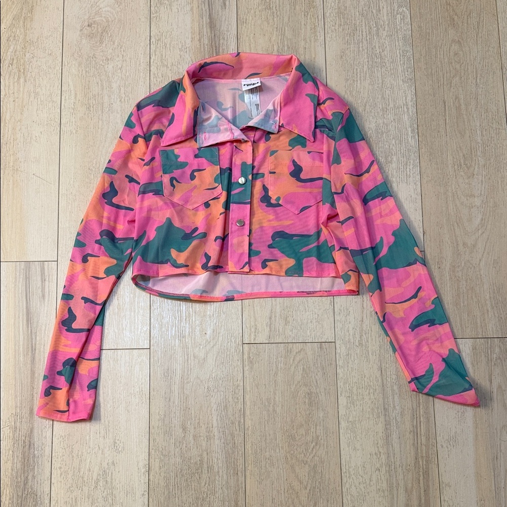 Modern Hero Pink Orange Floral Mesh Top Size Large